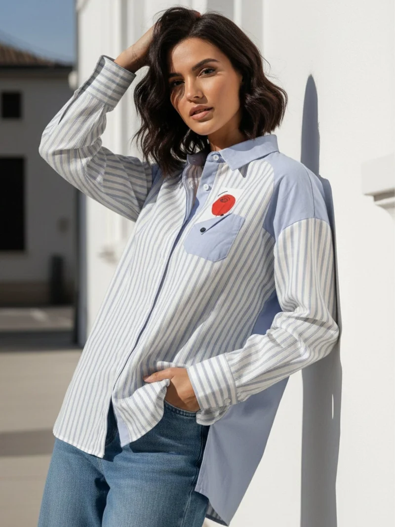 Outzidr  Stripe And Solid Oversized Shirt for Women | Best Price UAE